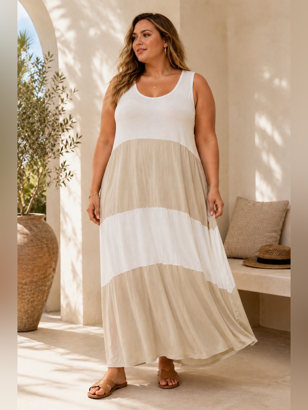 NWT Gershon Bram Colorblock Sleeveless Maxi Dress XXL Beige White Resort XL